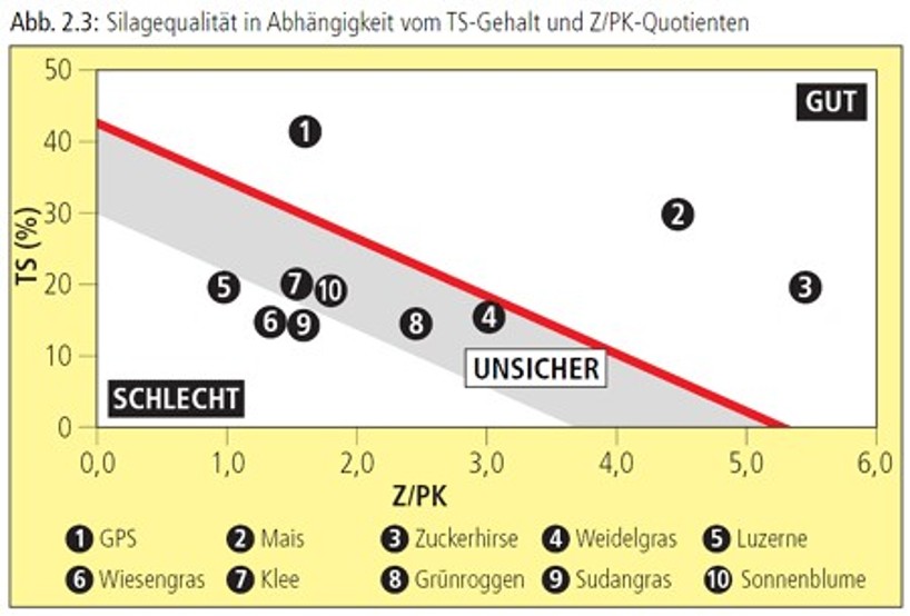 Silagequalität in Abhängigkeit vom TS-Gehalt und Z/PK-Quotienten